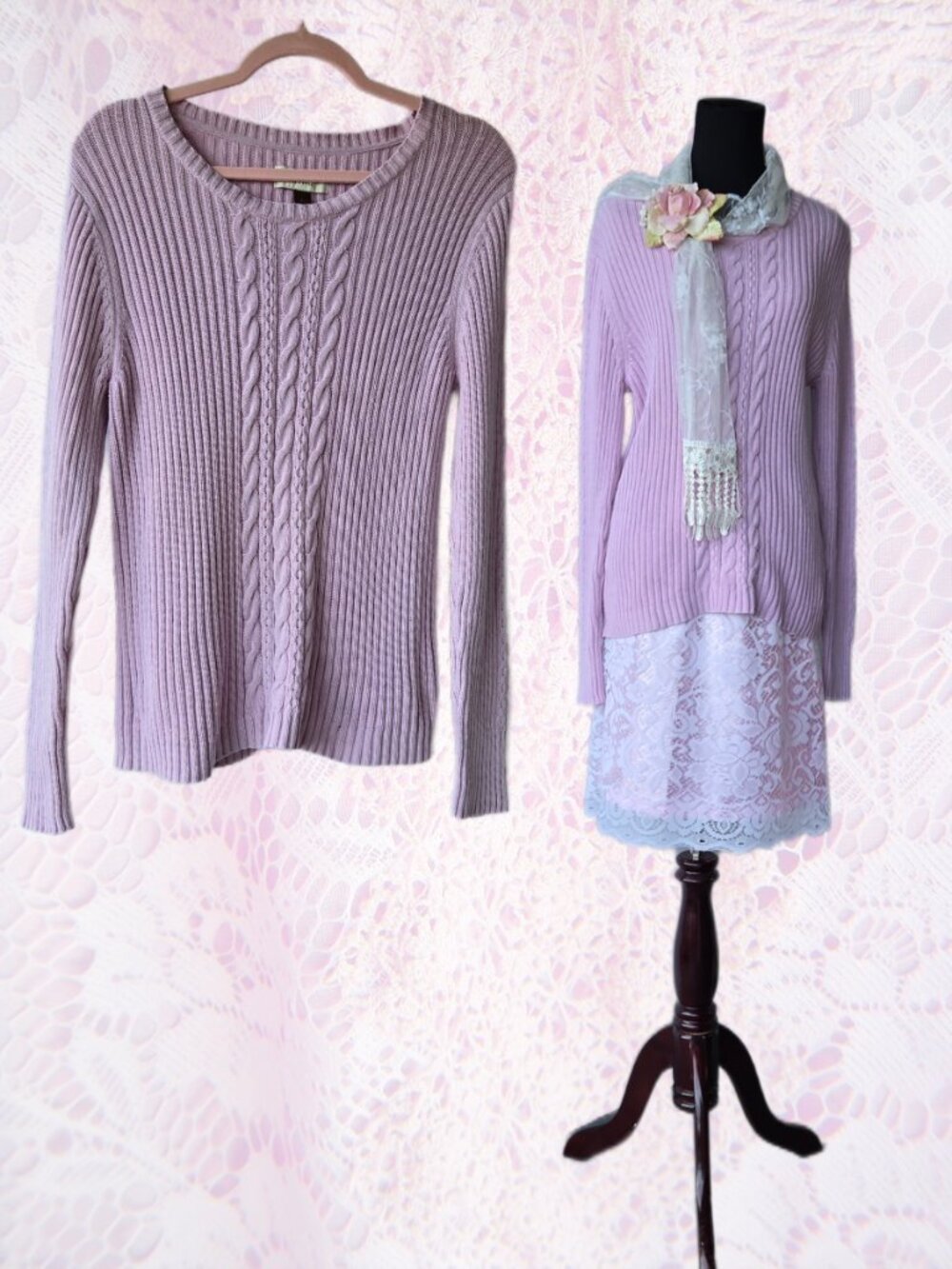 Sonoma Life Style Mauve Pink Cable Knit Long Sleeve Cotton Sweater Large Cottage